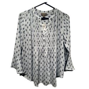 Style & Co Boho Blouse Petite Medium PM Gray Ivory V-Neck Flowy Bell Sleeve Top